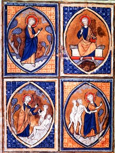 Mandorlelerde temsil edilen Dünya Yaratılışının farklı aşamaları. 13. yüzyıldan kalma bir el yazmasından minyatür. Porto, Belediye Kütüphanesi by Unknown artist