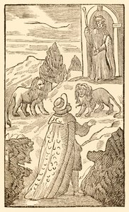 Zorluk geride kaldı, Korku önce Hacılar Bu Dünyadan Geleceklere İlerliyor John Bunyan (1628-1688) Christian aslanların arasından geçiyor Kapıcı Dikkatli bakarken by Unknown