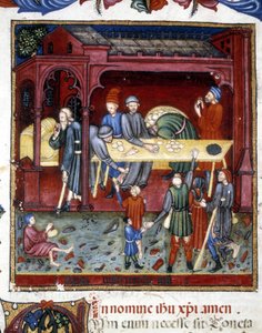 Yaşlı ve fakirlere ekmek ve ayakkabı dağıtımı. 1422. by Unknown artist