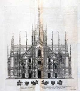 Binanın gövdesiyle tek biçimliliğini gösteren Milano Duomo cephesinin çizimi. 17. yüzyılda pek çok mimari proje, yarım kalan cepheyi tamamlamak için tasarlandı. by Unknown artist