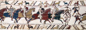 Dük William, birliklerini kendilerini İngiliz ordusuna karşı savaşa hazırlamaya teşvik ediyor Bayeux Goblen (keten üzerine yün işlemesi) by Unknown artist