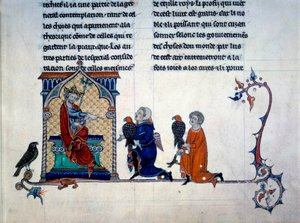 İmparator II. Frederic (1194-1250) "Kuşlarla avlanma sanatı"ndan minyatür şahinler alırken by Unknown artist