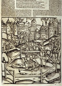 Eneide de Virgil (70 BC-19 BC), Kitap XII, Truva kahramanları Enee, Latinler ve Rutüllerin gözünde bir Turnus savaşında öldürür. Sebastian Brant (1458-1521) tarafından Xylography. Strazburg by Unknown artist