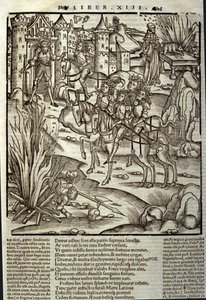 Eneide de Virgil (70 BC-19 BC), kitap XIII (ek), Truva kahramanları Enee Latinleri alır, savaş kurbanları onuruna fedakarlıklar yapılır. Sebastian Brant (1458-1521) tarafından Xylography. Strazburg by Unknown artist