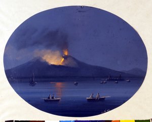 Catania açıklarında denizden görülen Etna'nın gece patlaması. 19. yüzyıldan anonim tablo. by Unknown artist