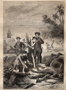 Güney Denizlerinde Jean Francois de Survillle (1717-1770) tarafından keşif gezisi (1769-1770): Surville denizcileri savaş sırasında ölen yerli halkın silahlarını toplar (Yeni İrlanda, Papua Yeni Gine) - çizim “ Büyük Denizciler by Unknown artist