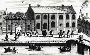 Guillaume de Nassau tarafından 1575 yılında kurulan Leiden Üniversitesi binasının dış görünümü. “” Illustrium Hollandiae, etc, Ordinum, Alma academia Leydensis” den sonra gravür by Unknown artist