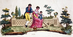 Aile bir parkta. 19. yüzyılın başlarında gravür. by Unknown artist
