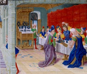 Bayram yemeği sahnesi, masaya tavus kuşu servis edilir. Callisthenes veya Kallisthenes (MÖ 360-328) tarafından “La Vraye Histoire du Bon Roy Alixandre”den alınan minyatür by Unknown artist