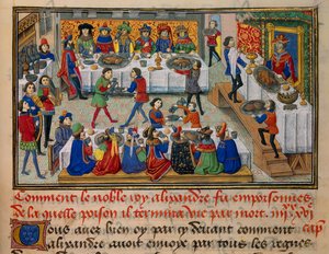 Ömrünün son günlerinde Kral İskender ve sarayına hizmet eden şölen yemeği sahnesi. Callisthenes veya Kallisthenes (MÖ 360-328) tarafından “La Vraye Histoire du Bon Roy Alixandre”den alınan minyatür by Unknown artist