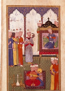 16. yüzyıldan kalma bir el yazmasından yılan oynatıcısı ve minyatür müzisyenlerle padişah tarafından düzenlenen ziyafet. Venedik, Biblioteca Marciana by Unknown artist