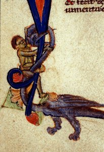 Bir ejderha ve bir adam arasındaki kavga 14. yüzyıldan kalma bir minyatürden detay by Unknown artist