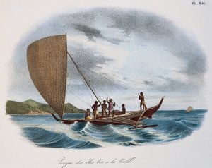 Fiji yelkenli kanosu, renkli oyma by Unknown artist