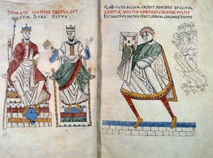 Flavius Josephe (aslen Yossef ben Matityahu, Yunanca konuşan Yahudi tarihçi (37-100) kitabını İmparator Titus ve Vespasian'a sunuyor. Minyatür "" De Bello Judaico (Yahudilerin Savaşı)"ndan (folio 2 ve 3) alınmıştır. by Unknown artist