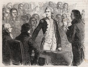 Fransız Devrimi: General Gilbert du Motier de La Fayette (1757-1834) Ulusal Muhafız komutanlığından istifa ediyor - “” Le Monde Illustré” de Gravür by Unknown artist