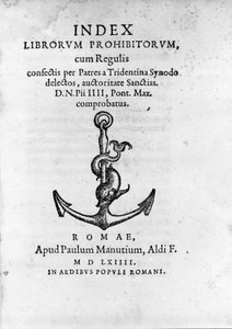 Frontispice of Index Librorum Prohibitorum (Yasaklanmış Kitaplar Dizini veya Index Exurgatorius) 1564'te Roma'da yayınlandı. Roma Katoliklerinin okumasına izin verilmeyen kitapları listeliyor. by Unknown artist