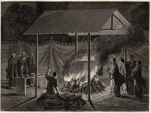 Cenaze törenleri: ritüel yakma. Edouard Charton başkanlığında yayınlanan “Le tour du monde, nouveau dergi des voyages” da İsviçre Konfederasyonu bakanı Aime Humbert tarafından 1863-1864