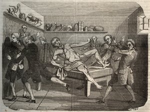 Alessandro (Alexandre) Volta yığını ile bir cellat cesedinin galvanizlenmesi: elektriğin etkisi altında ceset hayata geri dönmüş gibi görünüyor. “Le Musee Des Sciences” da 1856
