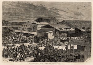 Malların barikatlarının limanı, barakalar ve ürünlerin sunum tezgahları ve müzayede evlerine satış aşaması ile balık pazarının genel görünümü, mekanı yeniden birleştiren canlı animasyon ile: portfaix, satıcılar ve M by Unknown artist