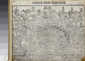 Bir deniz kenti olan Cenova, Jacopo Filippo Foresti'nin 'Supplementum Chronicarum'dan, Venedik 1486 (gravür) by Unknown artist