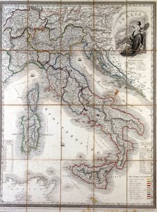 Risorgimento'dan önce ülkeyi oluşturan farklı devletlerin sınırlarının sınırlandırılmasıyla 1850'de İtalya'nın coğrafi haritası. by Unknown artist
