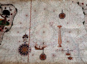 Coğrafya: Luis Lazare'nin (16. yüzyıl) Tristan da Cunha takımadalarının (veya Tristan d'Acunha) adalarını ve aynı adı taşıyan kaşifin Güney Afrika kıyılarındaki karavelini temsil eden bir navigasyon haritasının detayı. 1563 Lizbon, Ulusal Mu by Unknown artist