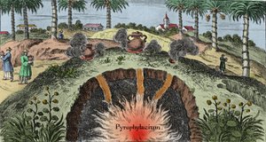 Jeoloji: ateşin dünyadan çıkışını açıklayan dünyanın kabuğunu kesmek. Johann Zahn'ın (1631-1707) “Mundi Mirabilis Oeconomia” adlı gravürü by Unknown artist