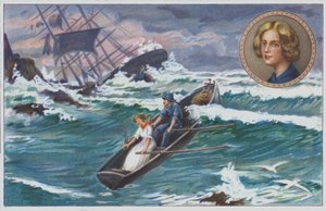 Grace Darling, 1838 yılında batan "Forfarshire" gemisinden kurtulanları kurtarmak için babasıyla birlikte kürek çeker. (chromolitho) by Unknown artist