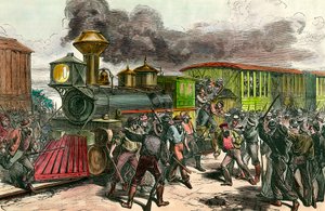 Baltimore, Ohio'yu birbirine bağlayan demiryolu hattında Greve İşçiler, Baltimore'a giden bir trenden sürücüleri ve mühendisleri kovalıyor. 1877 19. yüzyıl gravür Özel Koleksiyon by Unknown artist