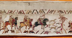 Harold, Confessor Edward, Bayeux Goblen (keten üzerine yün işlemesi) tarafından adamlarıyla birlikte Normandiya