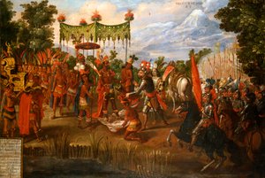 Hernan Cortes, İmparator Moctezuma ile tanışır by Unknown artist