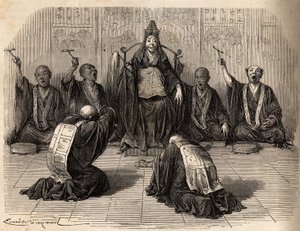 Yüksek Budist rahip, ayinini gong ve zillerle ritmik hale getiren öğrencileriyle çevrili, hayran olunuyor. İsviçre Konfederasyonu bakanı Aime Humbert tarafından 1863-1864