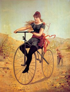 Bisikletin tarihi: velocipedist veya bisikletli bir kadın pedalı. 19. yüzyılın baskıları by Unknown artist