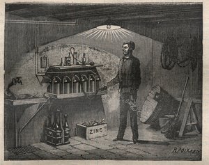 Ev Elektrik: Radiguet tarafından bir mahzende icat edilen pilin montajı - “La Science francaise” de Gravür by Unknown artist
