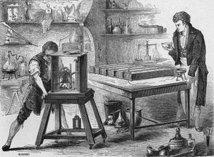Humphry Davy, alkalileri volta pili ile parçalar. “Album de la Science”da, Éditions Jouvet by Unknown artist
