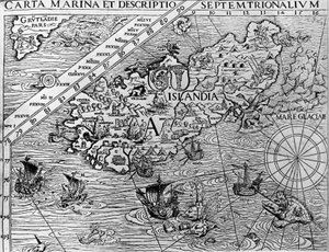 İzlanda, yaklaşık 1539, İsveç Başpiskoposu Olaus Magnus (1490-1557) tarafından Carta yat limanından detay by Unknown artist