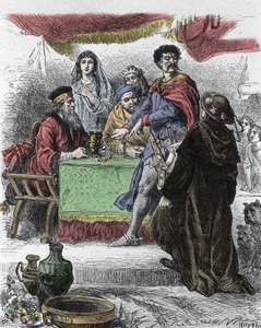 İskoç yazar Walter Scott (1771-1832) tarafından “Ivanhoe” için illüstrasyon: Ivanhoe, Sakson Şövalye Brian de Bois Guilbert tarafından sorgulanıyor. by Unknown artist