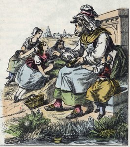 “İyi Anne Koyun” masalının illüstrasyonu. “” Küçükler için evden masallar” da. 19. yüzyılın anonim gravürü. by Unknown artist