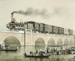 Kenti kıtaya bağlamak için Venedik lagünü üzerindeki köprünün açılışı (Litografi) by Unknown artist