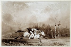 Amerika Yerlisi: “” Bağlanmış bir adamı taşıyan dört nala koşan bir at”” Anonim çizim. 19. yüzyıl La Rochelle, Musee du Nouveau Monde by Unknown artist