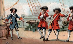 Jean Bart (1650-1702), Fransız deniz komutanı ve korsan, gemisini havaya uçurmakla tehdit ediyor - Özel korsan Jean Bart (1650-1702), kendisini esir alan bir İngiliz korsanı, bir gemiyi ateşe vererek havaya uçurmakla tehdit ederek tehdit ediyor. toz varil by Unknown artist