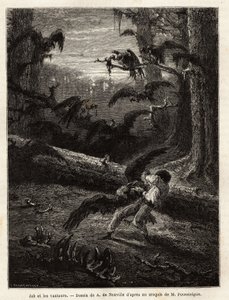 İş (redaktörün yol arkadaşı), akbabalar tarafından saldırıya uğradı. Quatre mois en Florida hikayesini göstermek için gravür, 1851-1852