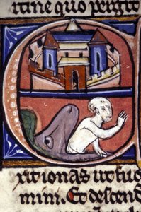 Yunus, büyük bir balığın karnında üç gün üç gece geçirdikten sonra hayvan tarafından kusar. 14. yüzyıl el yazması. Biblioteca nazionale örgülü, Milano. by Unknown artist