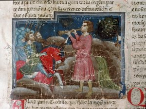 Jules Cesar (MÖ 101-44), savaşçılarına hitap ediyor “Romalıların Gerçekleri” (Ms 1538, fol 15r) adlı bir el yazması sayfasının detayı 1340 civarında Florence, Biblioteca Riccardiana by Unknown artist
