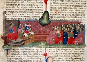 Jules Cesar (MÖ 101-44) tahtta Bir el yazması sayfasının detayı “Romalıların Gerçekleri” (Bayan 1538) yaklaşık 1340 Floransa, Biblioteca Riccardiana by Unknown artist