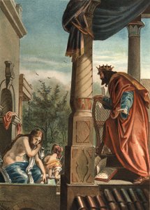 Kral David ve Bethsabee, banyoda, Juan Justo Huguet tarafından “El Culto de la Hermosura”da, Molinas Hermanos editörleri by Unknown artist