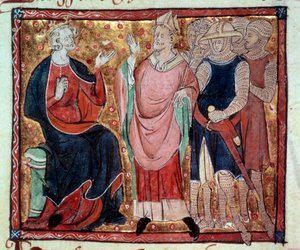İngiltere Kralı II. Henry (1133-1189) 15. yüzyıldan kalma bir el yazmasından bir eveque ve askerler Minyatürünü alıyor. Paris, B.N. by Unknown artist
