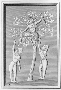 Krishna iki gopi ile uçuyor. LM Langles, Paris 1821 tarafından “Hindustan'ın Antik ve Modern Anıtları”nda gravür. by Unknown artist