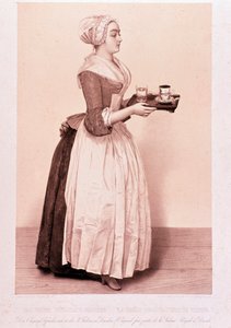 La Chocolatiere de Vienne: Elinde bir fincan sıcak çikolata olan bir tepsi tutan genç hizmetçi. 19. yüzyıl Özel Koleksiyonunun litografisi by Unknown artist
