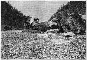 La catastrophe de Saint-Gervais (Saint Gervais) ou catastrophe du glacier de la Tete Rousse (Haute-Savoie bölümü) (12-13 Temmuz 1892) - Sel tarafından taşınan devasa bloklarla felaketten sonra Bains de Saint-Gervais, “” La Natur